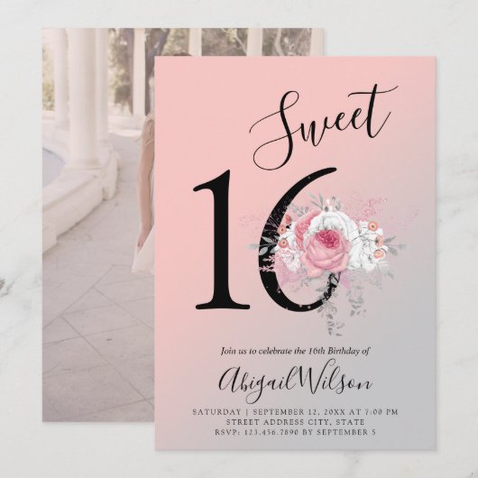 Invitation Fête d'anniversaire de l'sweet sixteen floral mode (Devant / Derrière)