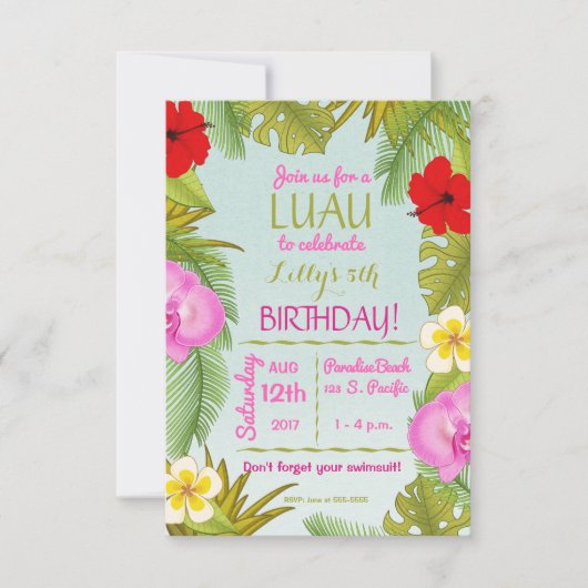 Invitation Fête d'anniversaire de Luau (Devant)