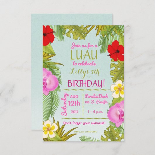 Invitation Fête d'anniversaire de Luau (Devant / Derrière)