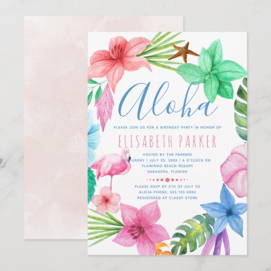 Invitation Fête d'anniversaire de luau floral aloha tropical  (Devant / Derrière)