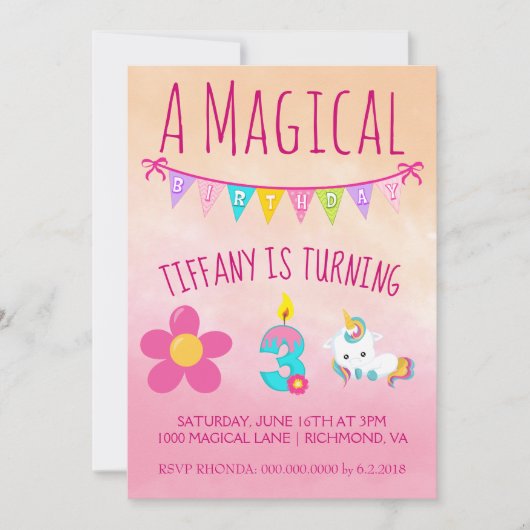 Invitation Fête d'anniversaire de l'Unicorne, 3 ans (Devant)