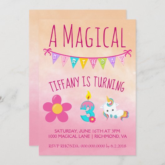 Invitation Fête d'anniversaire de l'Unicorne, 3 ans (Devant / Derrière)