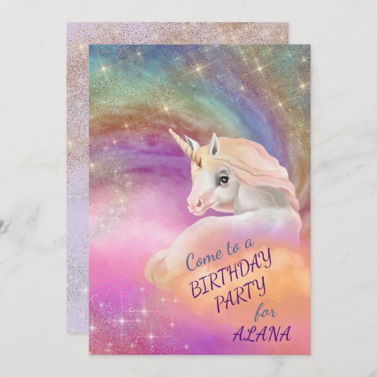 Invitation Fête d'anniversaire de l'Unicorne Sparkly Rainbow (Devant / Derrière)