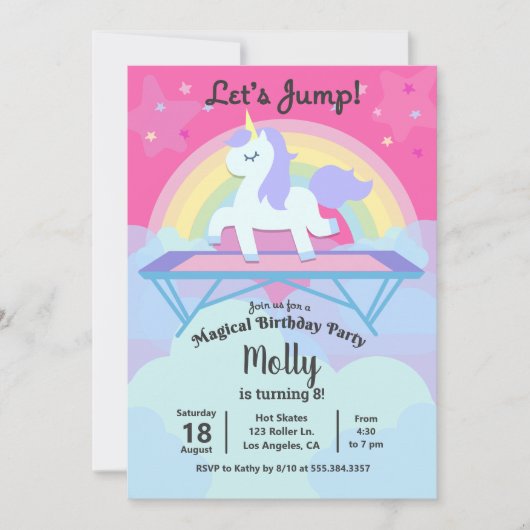Invitation Fête d'anniversaire de l'Unicorne Trampoline Jump (Devant)
