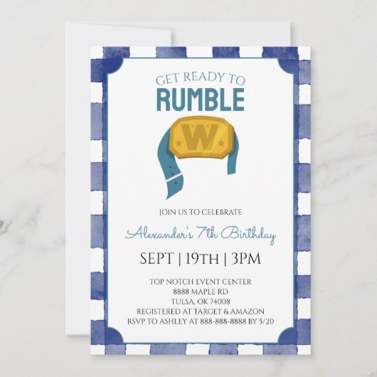 Invitation Fête d'anniversaire de lutte au Gingham Bleu (Devant)