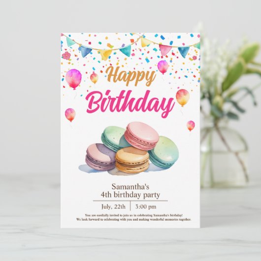 Invitation fête d'anniversaire de macarons mignons couleur ea (Debout devant)