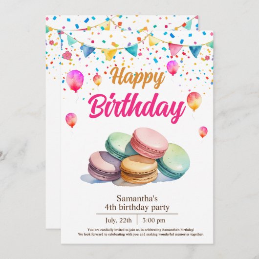 Invitation fête d'anniversaire de macarons mignons couleur ea (Devant / Derrière)