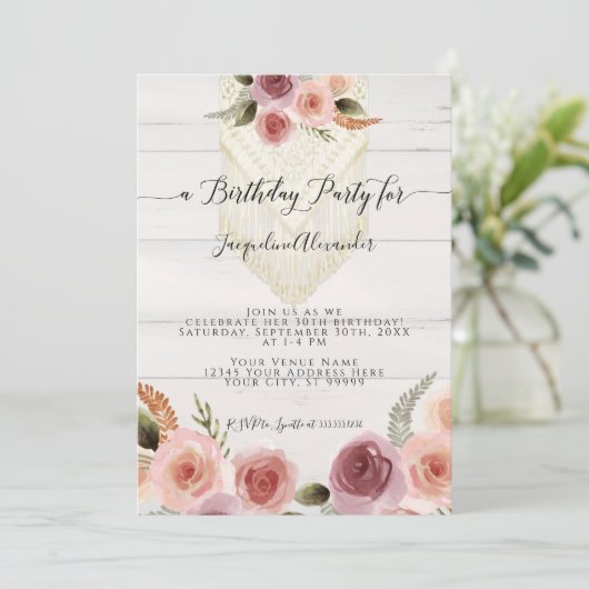 Invitation Fête d'anniversaire de Macrame rose pâle (Debout devant)
