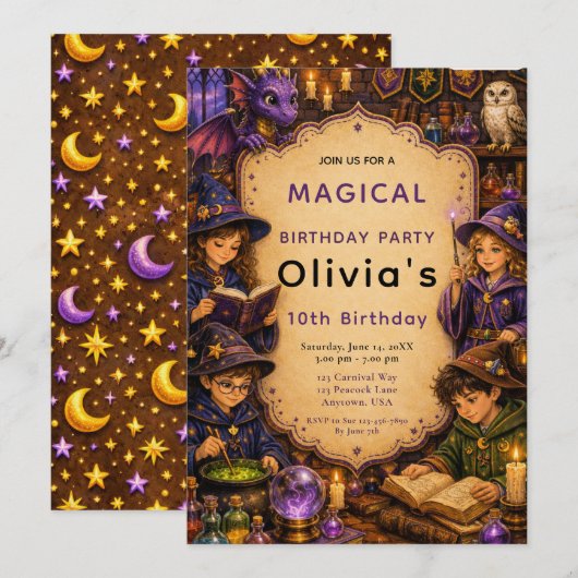 Invitation Fête d'anniversaire de magicien merveilleuse (Devant / Derrière)