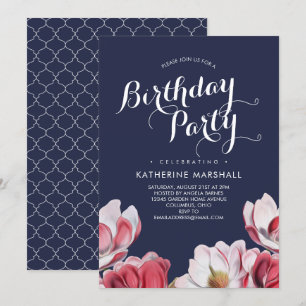 Invitation Fête d'anniversaire de Magnolia Sud Minuit Bleu