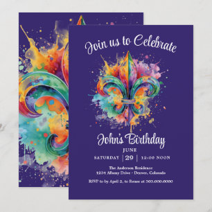 Invitation Fête d'anniversaire de Mardi Gras violet pour homm