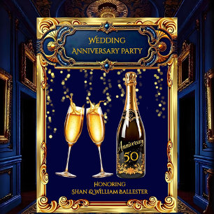 Invitation Fête d'anniversaire de mariage Champagne Bleu Or