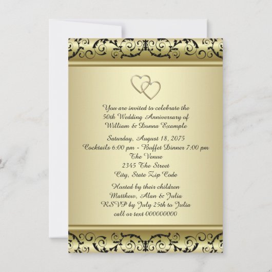 Invitation Fête d'anniversaire de mariage de 50 ans Black Gol (Dos)
