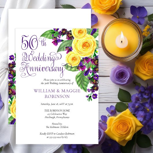 Invitation Fête d'anniversaire de mariage de 50 ans Roses jau