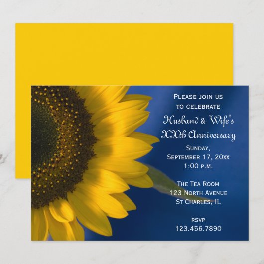 Invitation Fête d'anniversaire de mariage Tournesol sur Bleu (Devant / Derrière)