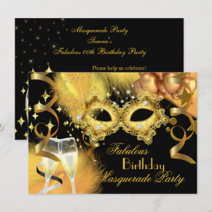 Invitation Fête d'anniversaire de masquerade noire or fabuleu