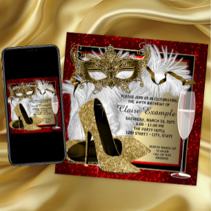 Invitation Fête d'anniversaire de masquerade rouge et or pour