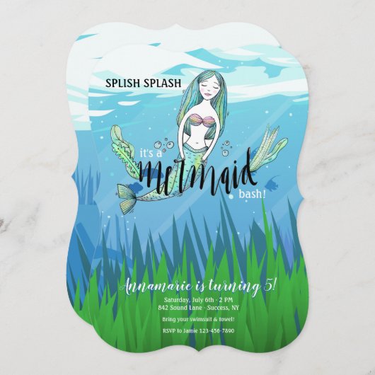 Invitation Fête d'anniversaire de Mermaid (Devant / Derrière)