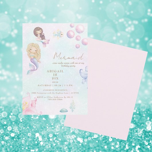 Invitation Fête d'anniversaire de Mermaid rose & turquoise Ma