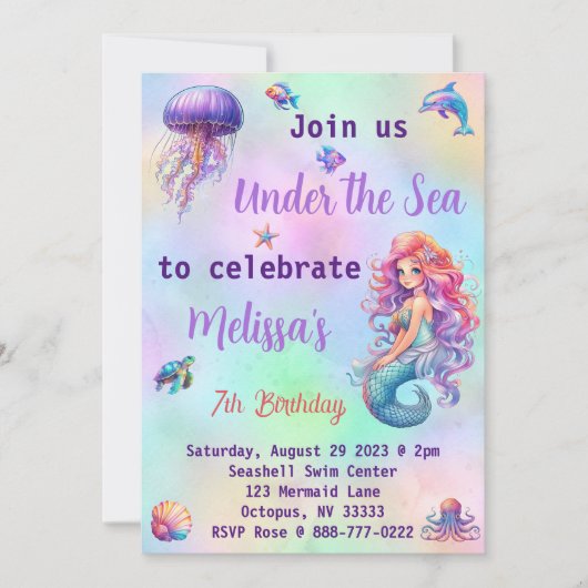 Invitation Fête d'anniversaire de Mermaid Under the Sea Paste (Devant)