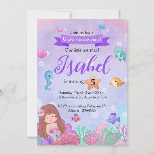 Invitation Fête d'anniversaire de Mermaid Under the Sea Paste (Devant)