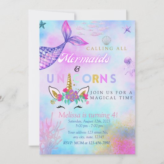 Invitation Fête d'anniversaire de Mermaid & Unicorn pour une (Devant)