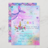 Invitation Fête d'anniversaire de Mermaid & Unicorn pour une (Devant / Derrière)