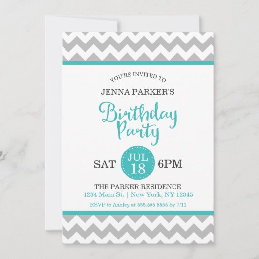 Invitation Fête d'anniversaire de Modern Grey et Turquoise Ch (Devant)
