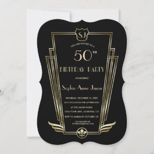 Invitation Fête d'anniversaire de monogramme Art Déco noir or