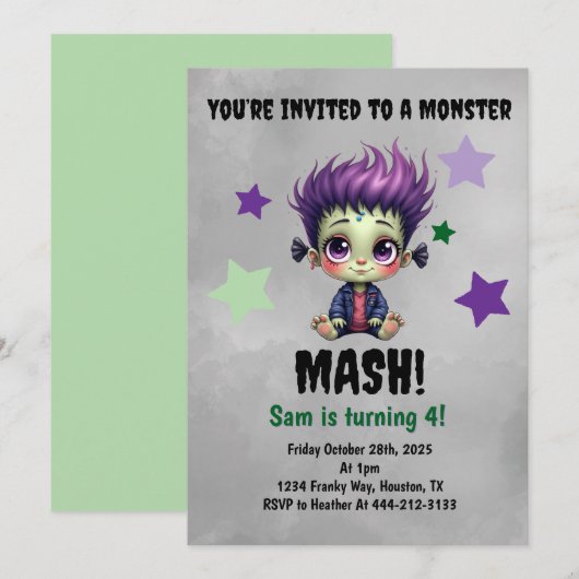 Invitation Fête d'anniversaire de Monster Mash de cheveux cou (Devant / Derrière)