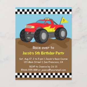 Invitation Fête d'anniversaire de Monster Truck Rouge Incande