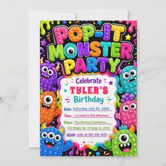 Invitation Fête d'anniversaire de monstre mignon Pop It (Devant)