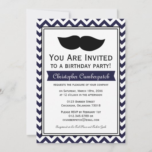 Invitation Fête d'anniversaire de Navy Blue Mustache Chevron (Devant)