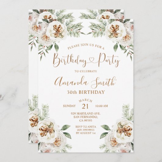 Invitation Fête d'anniversaire de Noël à fleurs blanches d'hi (Devant / Derrière)