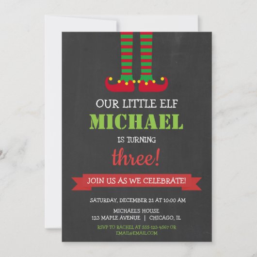 Invitation Fête d'anniversaire de Noël de notre petit elfe (Devant)
