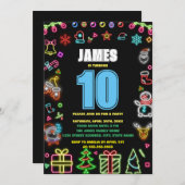 Invitation Fête d'anniversaire de Noël moderne Noir Neon (Devant / Derrière)