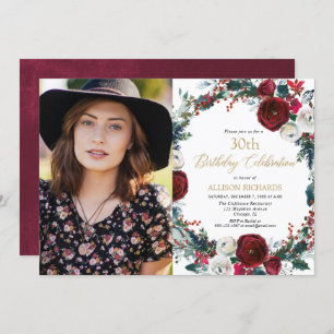 Invitation Fête d'anniversaire de Noël photo en or de Bourgog