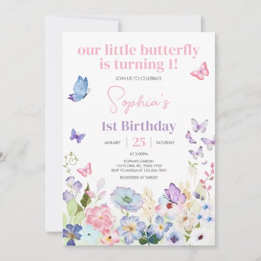 Invitation Fête d'anniversaire de notre petit papillon (Devant)