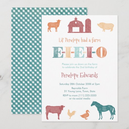 Invitation Fête d'anniversaire de Old MacDonald, ferme zoo (Devant / Derrière)