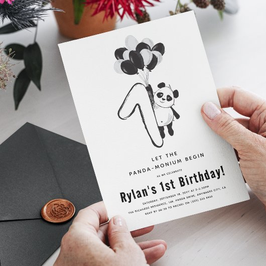 Invitation Fête d'anniversaire de Panda Noir & Blanc Minimal