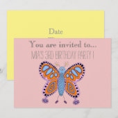 Invitation Fête d'anniversaire de papillon caricaturale pour (Devant / Derrière)