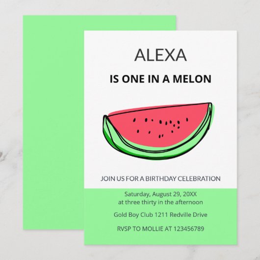 Invitation Fête d'anniversaire de pastèque pour un premier an (Devant / Derrière)