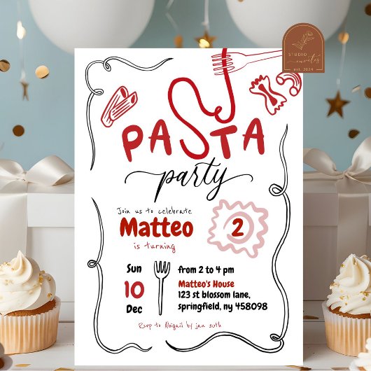 Invitation Fête d'anniversaire de pâtes rouges dessinées à la