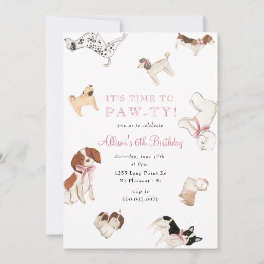 Invitation Fête d'anniversaire de Paw-ty Chien Girl Rose Anim (Devant)