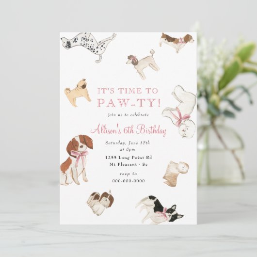 Invitation Fête d'anniversaire de Paw-ty Chien Girl Rose Anim (Debout devant)