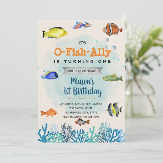 Invitation Fête d'anniversaire de pêche O-Fish-Ally (Debout devant)
