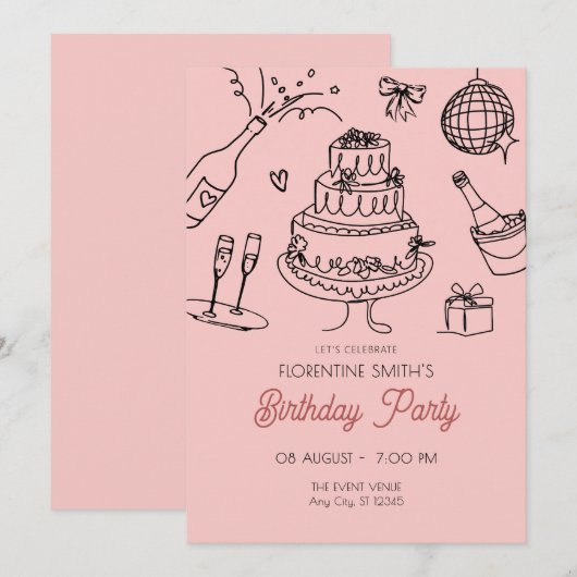 Invitation Fête d'anniversaire de pêche rose (Devant / Derrière)