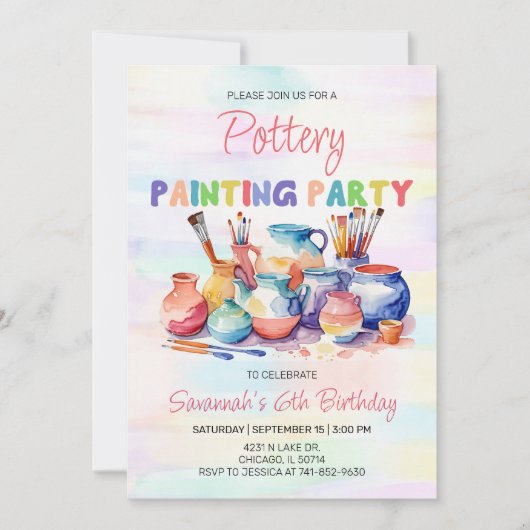 Invitation Fête d'anniversaire de peinture de poterie (Devant)