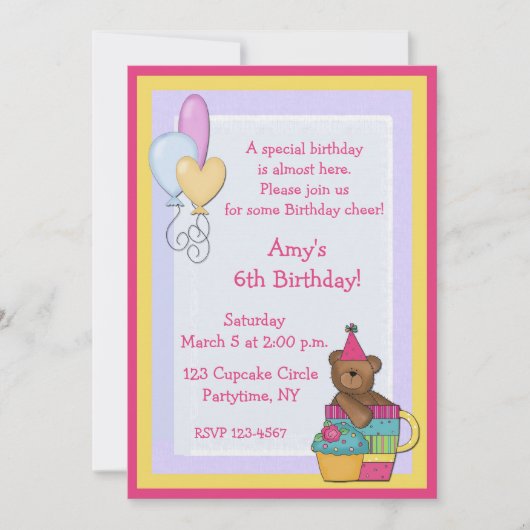 Invitation Fête d'anniversaire de petit gâteau d'ours (Devant)