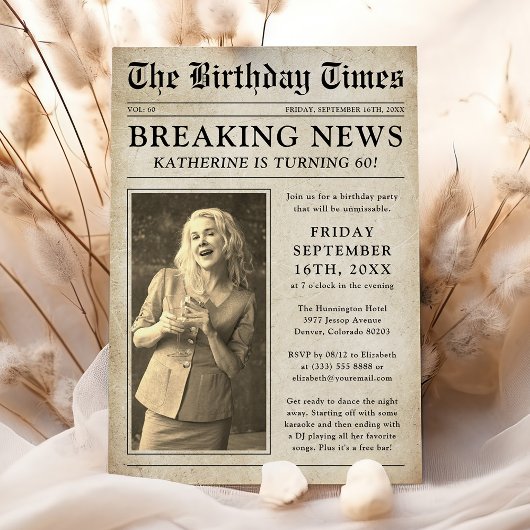 Invitation Fête d'anniversaire de photo de journal vintage